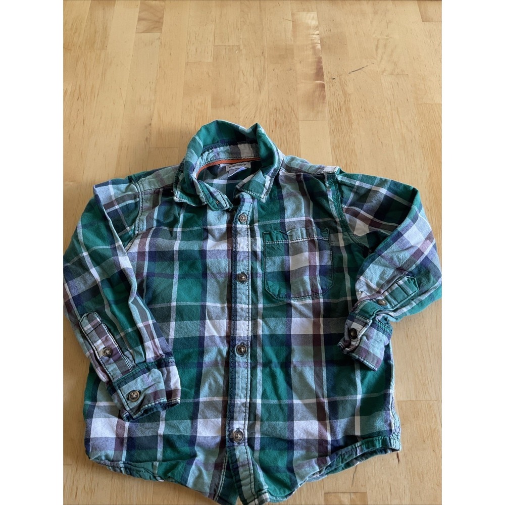 Carters Toddler Green White Plaid 90s Long Sleeve Button Up Shirt 3t